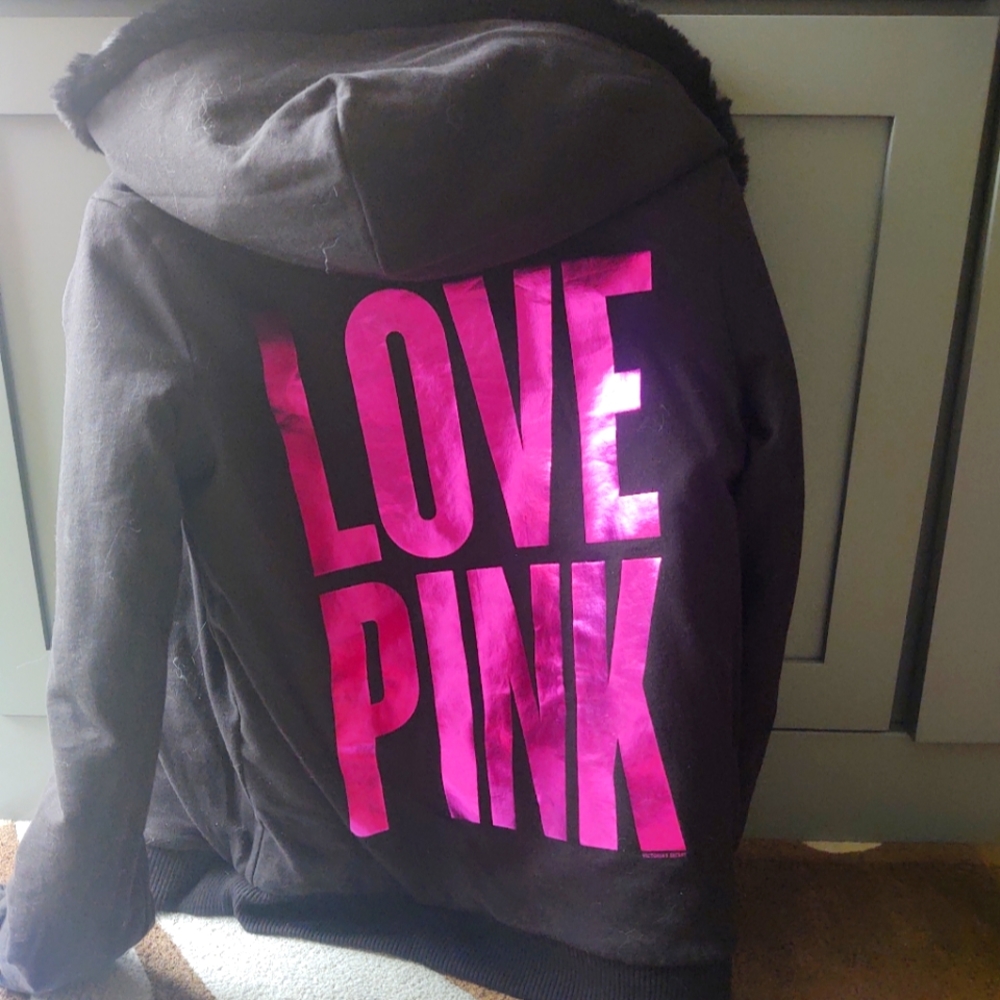 Victoria's Secret Love Pink Limited Edition Black Faux Fur Reversible Jacket Sm